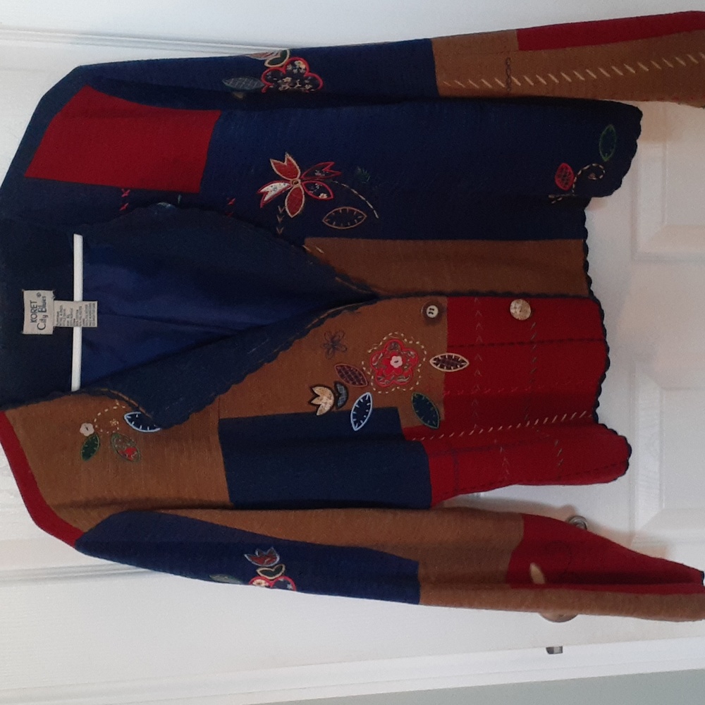 Vintage Koret City Blues, Patchwork embroidered Tapestry Button Jacket  size XL